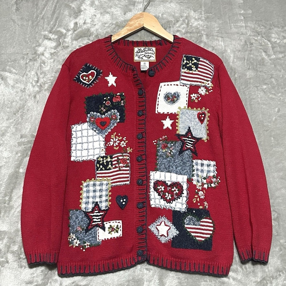 Vtg Heirloom Collectibles Patchwork Cardigan Sweater Women M Americana Oversized